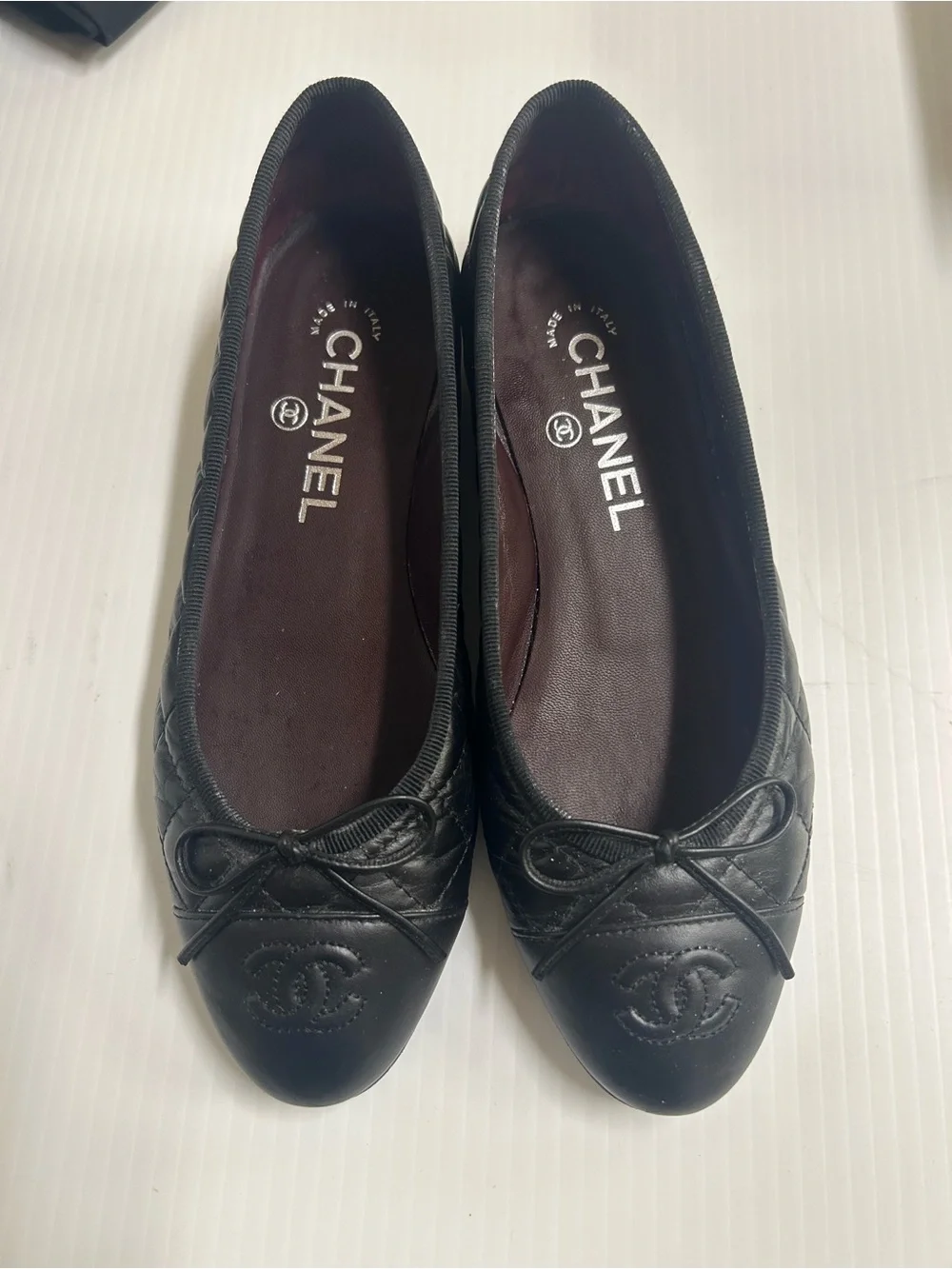 CHANEL Black Quilted Leather CC Logo Bow Ballet Flats Women’s EU 36  US 6
